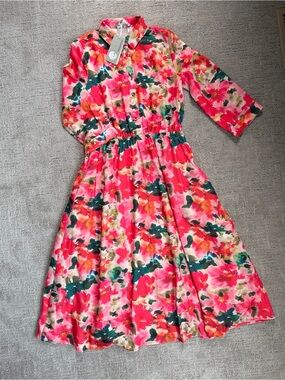 Valentina Pink Floral Button-Front Midi Dress